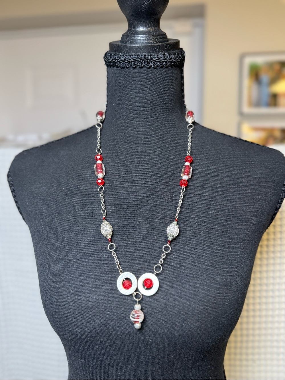 Quirky Red and White Mixed Glass Bead Toggle Necklace. Y2K Indie- 26 inches